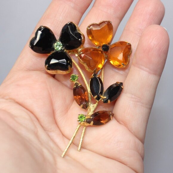 Vintage Amber Crystal and Black Galss Heart Shaped Flowers and Leaves Brooch